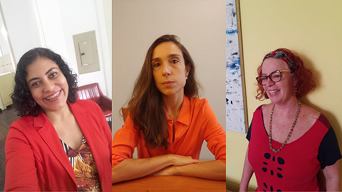a arquivista Daniella Gomes e as historiadoras Barbara Primo e Isabel Lenzi compõem a equipe do Arquivo Histórico do MHN